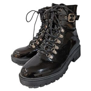 Adika Women's Black Patent Lace up Ankle Boots Side Zip & Ankle Strap Size 8